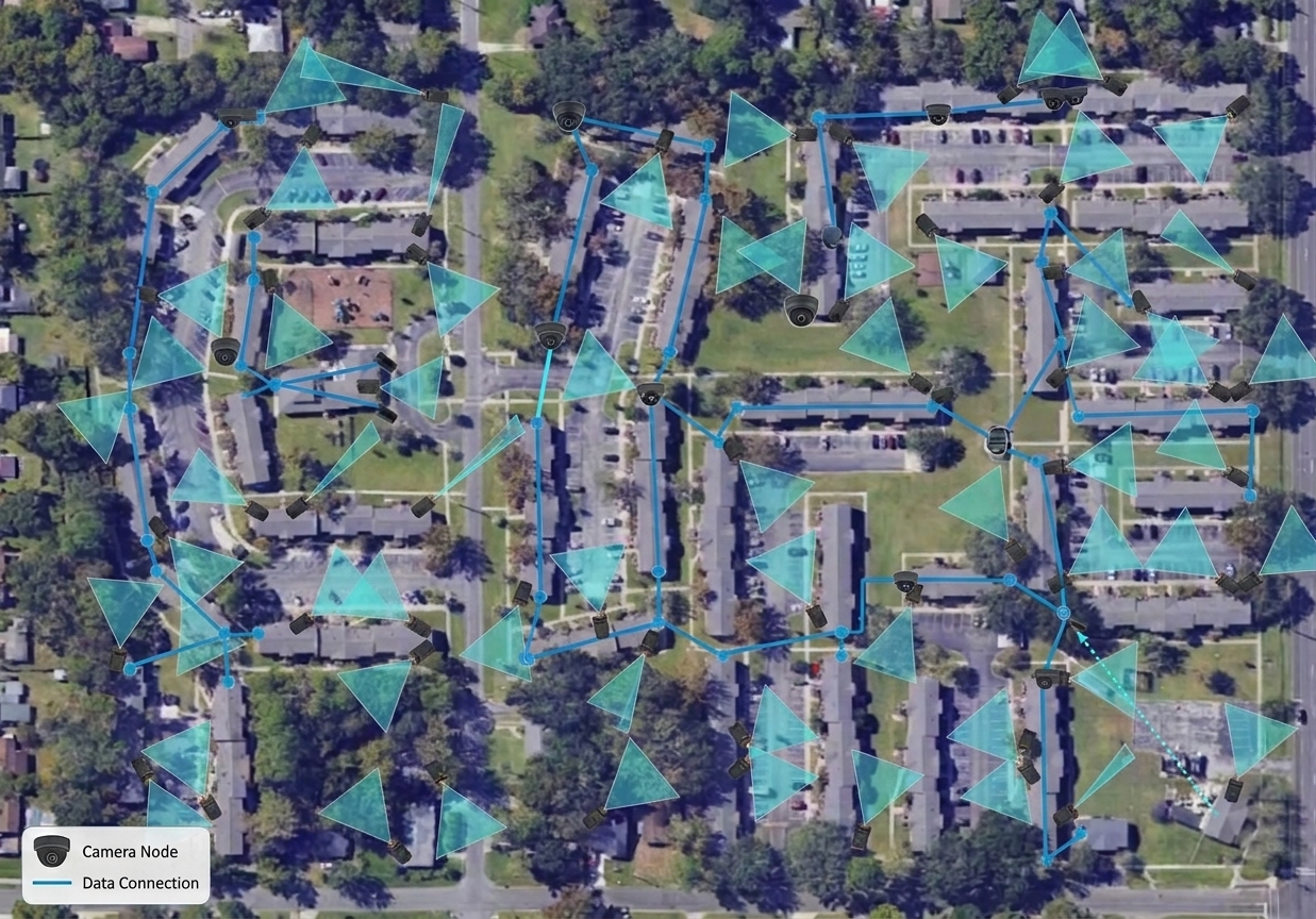 Recreación sintética del layout CCTV de Valencia Way con 37 edificios, campos de visión y puntos inalámbricos
